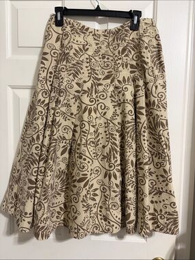 J. Jill Cotton Boho Cream A-Line Midi Skirt with Brown Botanical Scroll Print